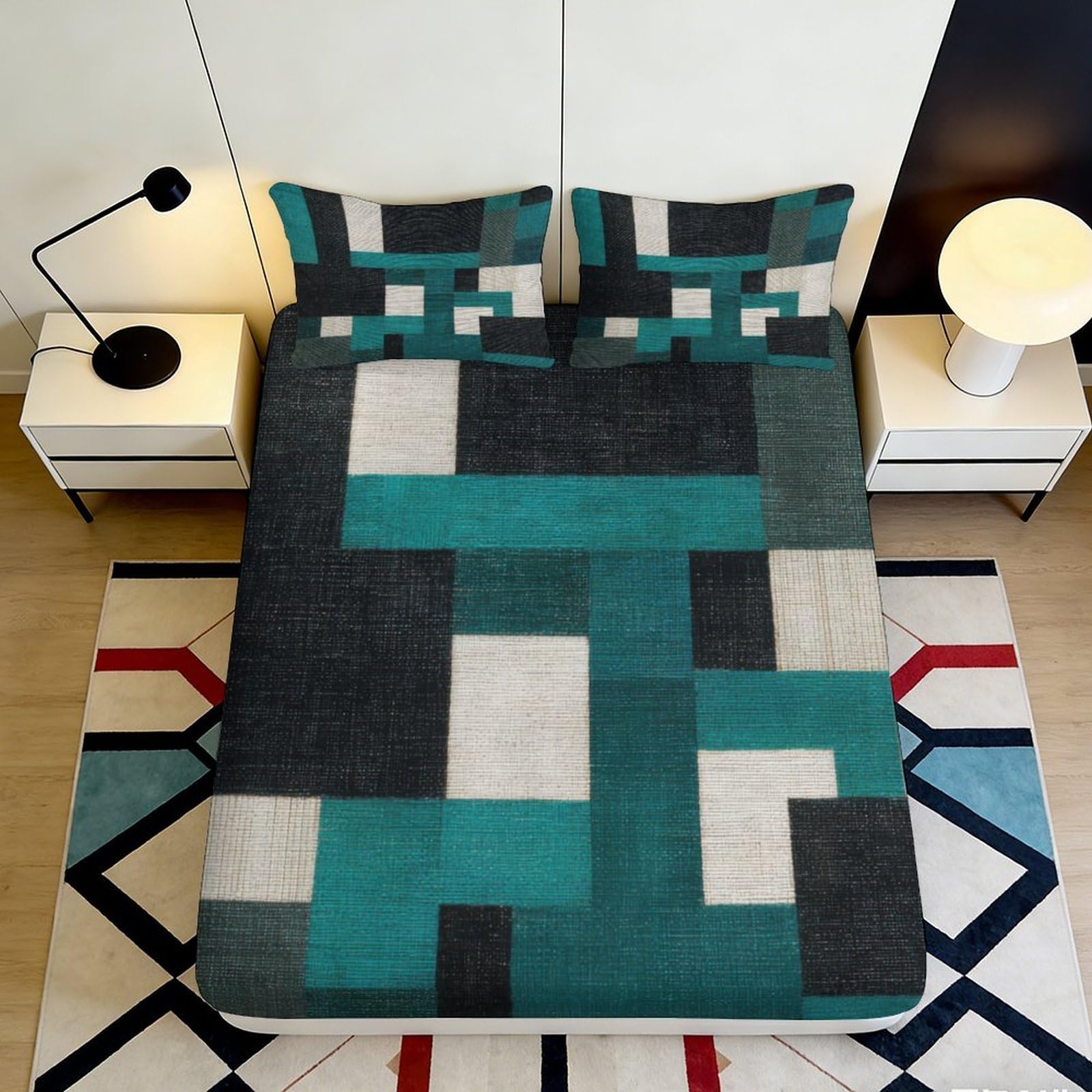 3D Printed Geometric Patchwork Fitted Sheet Microfiber Deep Pocket Non-Slip Bedroom Bedding Geometric Mattress Fitted Cover Washable for Home 120x200x25cm