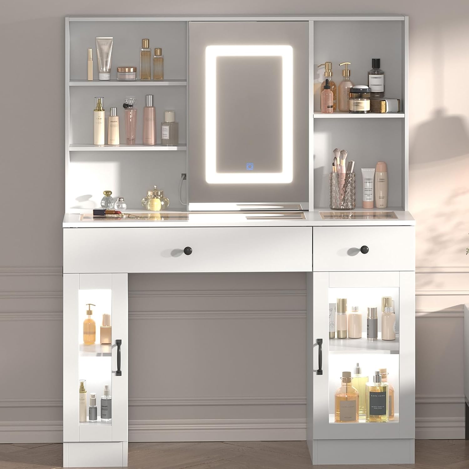 GAOMON Makeup Vanity Desk with LED Lights and Mirror, 3 Color Modes, Large Drawers & USB Charging Station, Dressing Table for Bedroom Decor, Wood