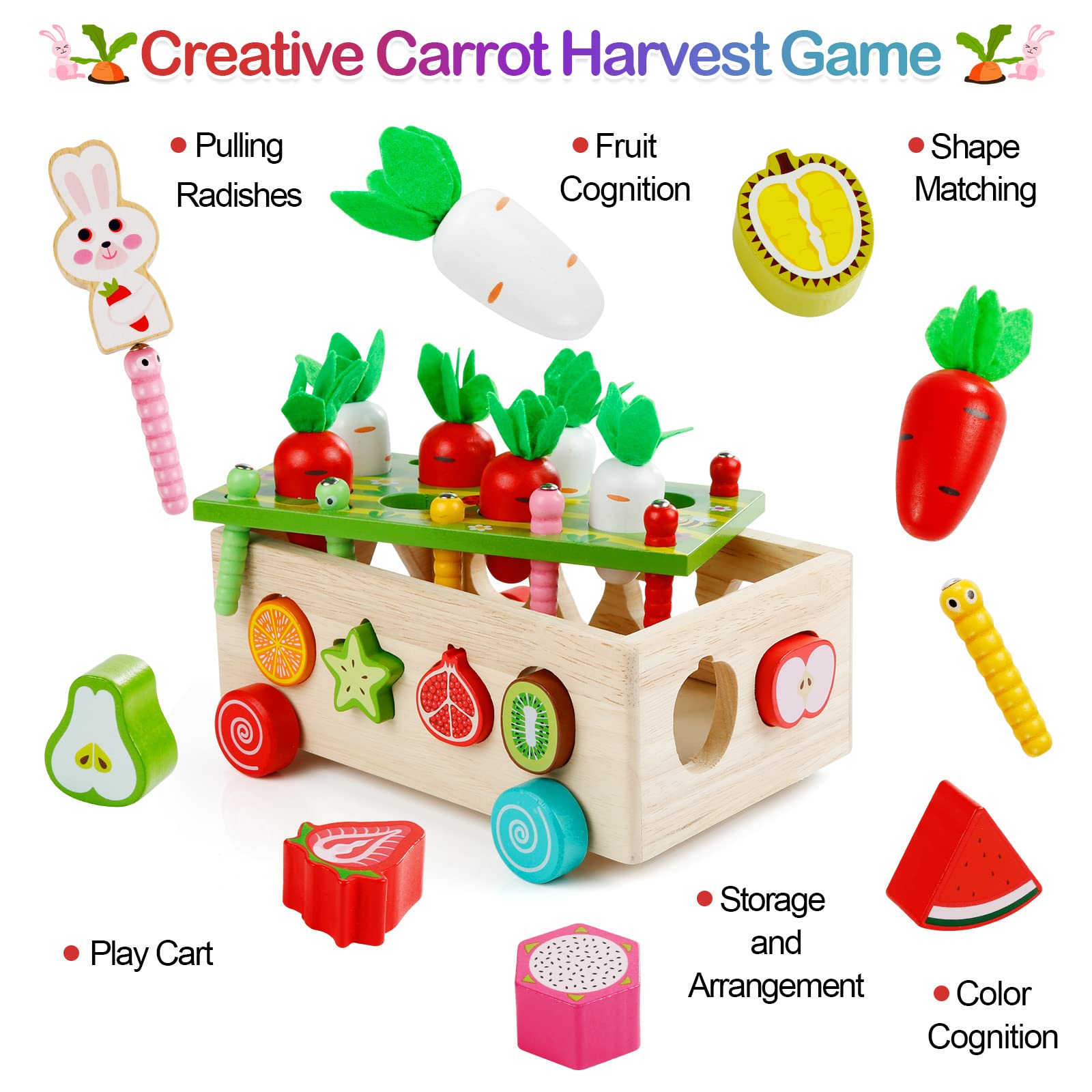 ZLLkeji Montessori Holzspielzeug 5-in-1 Set – Mit Angelspiel, Karottenernte, Sortieren, Stapeln & Fädeln – Lernspielzeug Ab 3 Jahren Für Feinmotorik & Kreativität