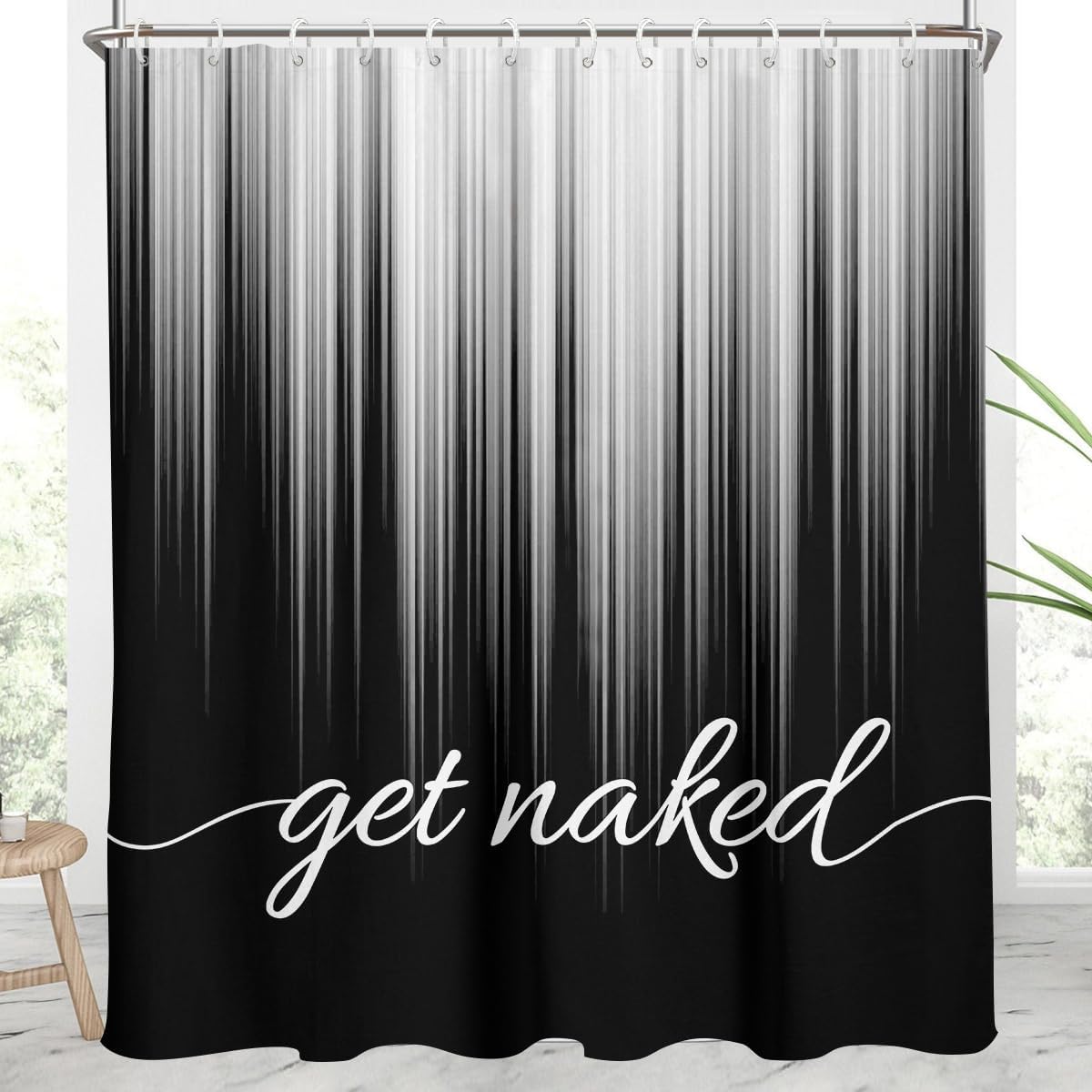AAtter Black and White Shower Curtain Get Naked Gray Grey Silver Gothic Abstract Ombre Striped Fun Mens Unique Art Extra Long XL Large Home Bathroom Decor Bathtub Set with 12 Hooks, 72x84, Modern