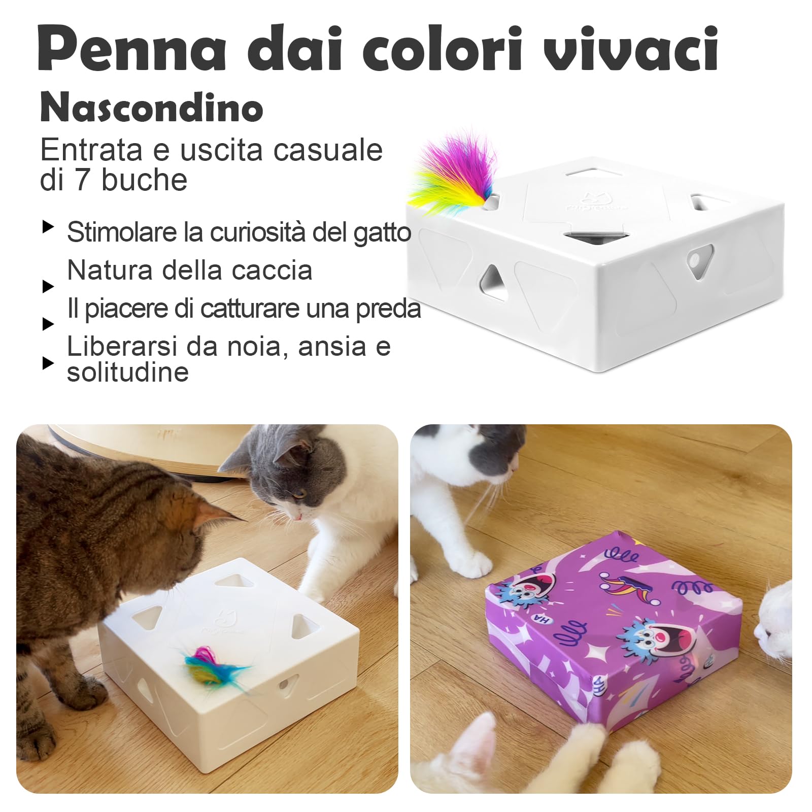 Migipaws Giocattolo per gatti, 3 in 1 giocattolo interattivo automatico con 7 fori per topi, giocattolo stimolante ultra divertente per gatti domestici, ricaricabile tramite USB, 4 piume