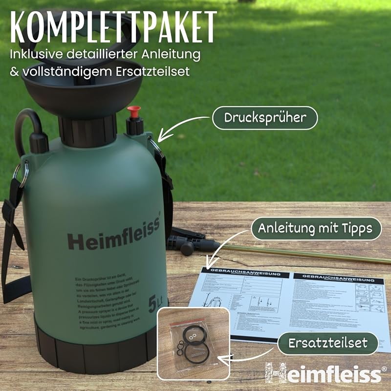 Heimfleiss 5 Literes Nyomáspermetező - Kerti és Autómosó Permetezőpalack, Állítható Vállpánttal, 3 Bar Nyomással, Sárgaréz Szórófejjel, Növé