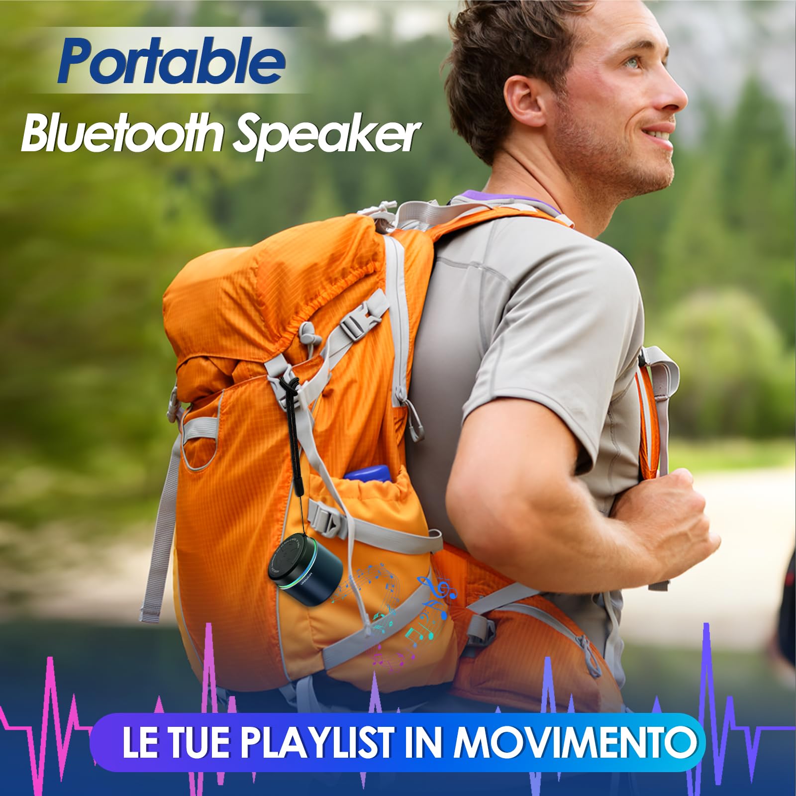 Pequeño altavoz Bluetooth con luces, BT5.4, batería de 12 horas de duración y micrófono de reducción de ruido, altavoz inalámbrico portátil azul para el hogar, camping y aventuras al aire
