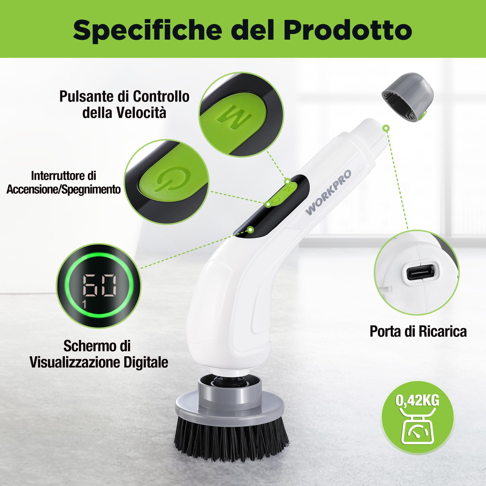 WORKPRO Spazzola elettrica Rotante per Pulizia con 8 Spazzole e 30-120cm Palo estensibile, Spazzola a Batteria con 3 velocità di regolazione per la pulizia di pavimenti, bagni, cucine e finestre | Ricaricabile, manico estensibile da 30 a 120 cm, 3 velocit
