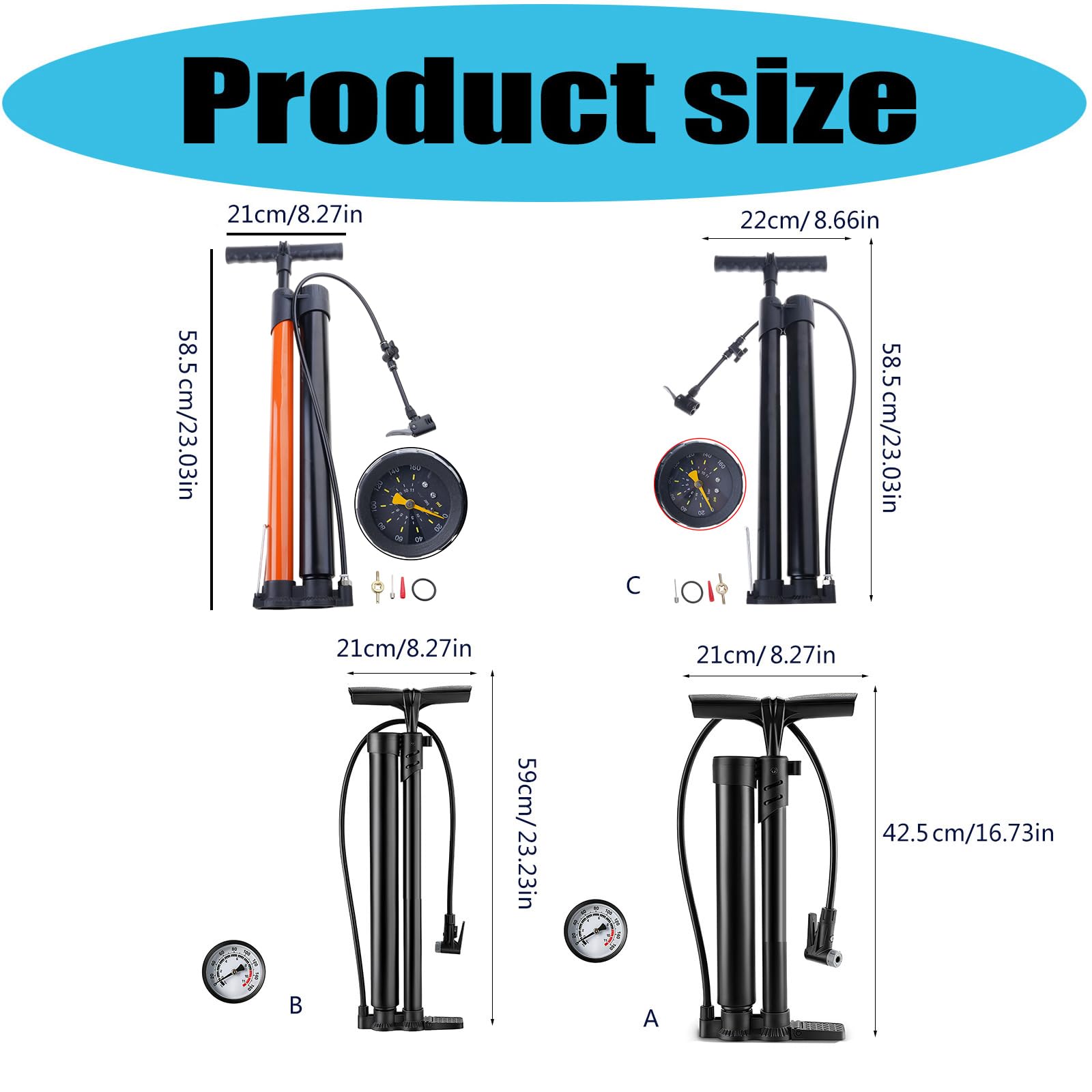 Fahrrad Standpumpen mit Manometer, manuelle Luftpumpen, Fahrrad Reifenfüller für Rennräder, Mountainbikes, Sportbälle, Fahrradzubehör