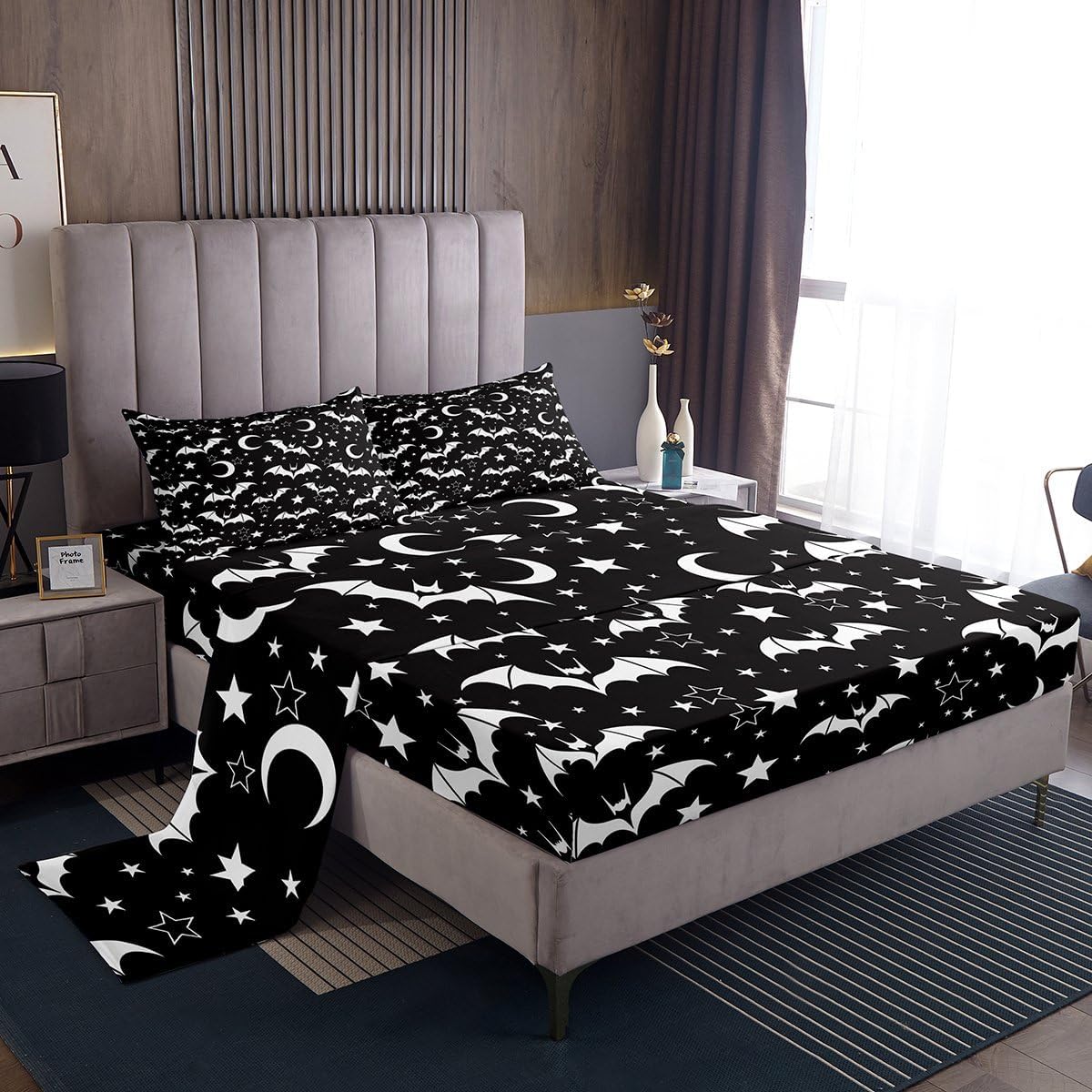 jejeloiu Halloween Decor Bed Sheets Set Full Size Bat Deep Pocket Fitted Sheet Moon Bedding Sets Spooky Halloween Decorations Soft Bed Set 4Pcs with 2 Pillow Cases
