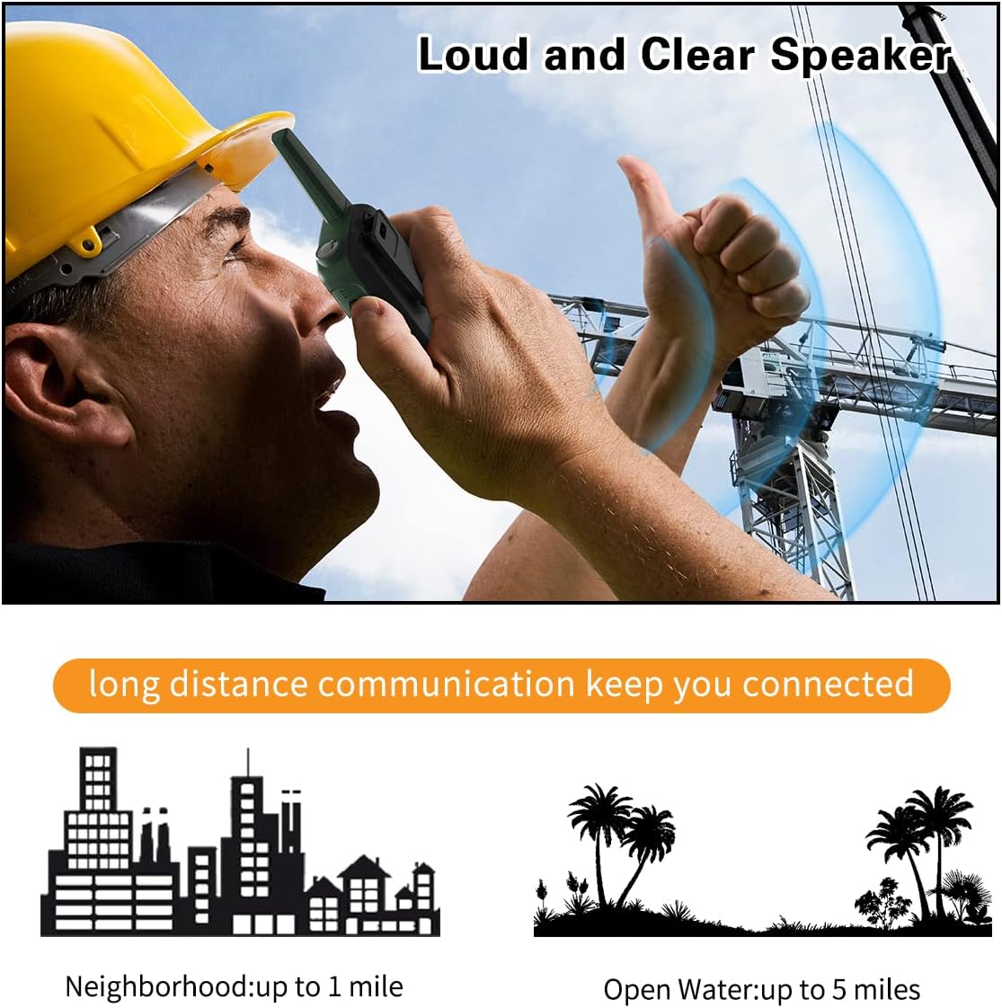 Una persona parlant per un walkie-talkie amb un gràfic d'ona sonora blava que indica que l'altaveu és alt i clar, i dos diagrames que mostren l'abast de comunicació al barri (fins a 1 km) i en aigües obertes (fins a 5 km).