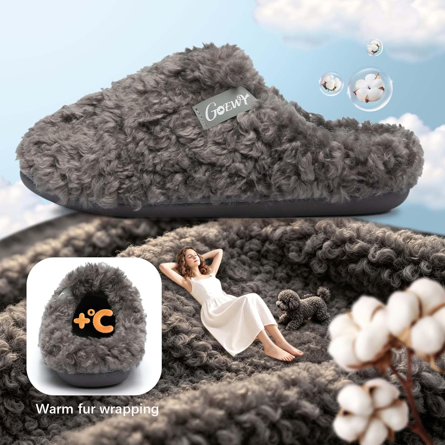 GOEWY Women’s Fuzzy Plush Slippers with Curly Faux Fur, Cozy Memory Foam Soft House Shoes, Lightweight Slip-on Indoor Outdoor Slippers for Women Mom – Great Gift for Her