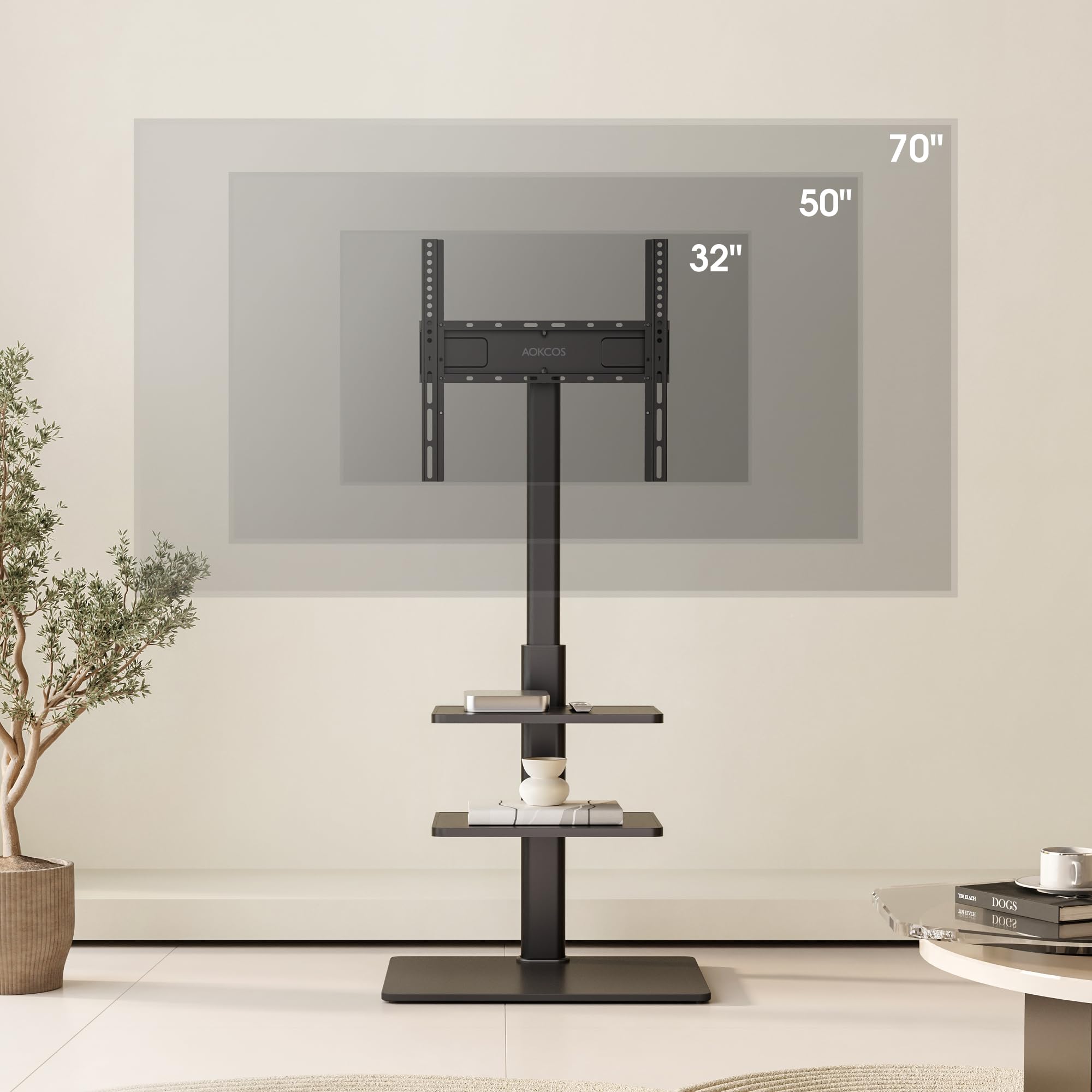 AOKCOS Supporto TV da Pavimento Inclinabile per 32-70 Pollici, Girevole Altezza Regolazione Porta TV da Terra con 2 Mensola, Max VESA 400x400mm 40kg