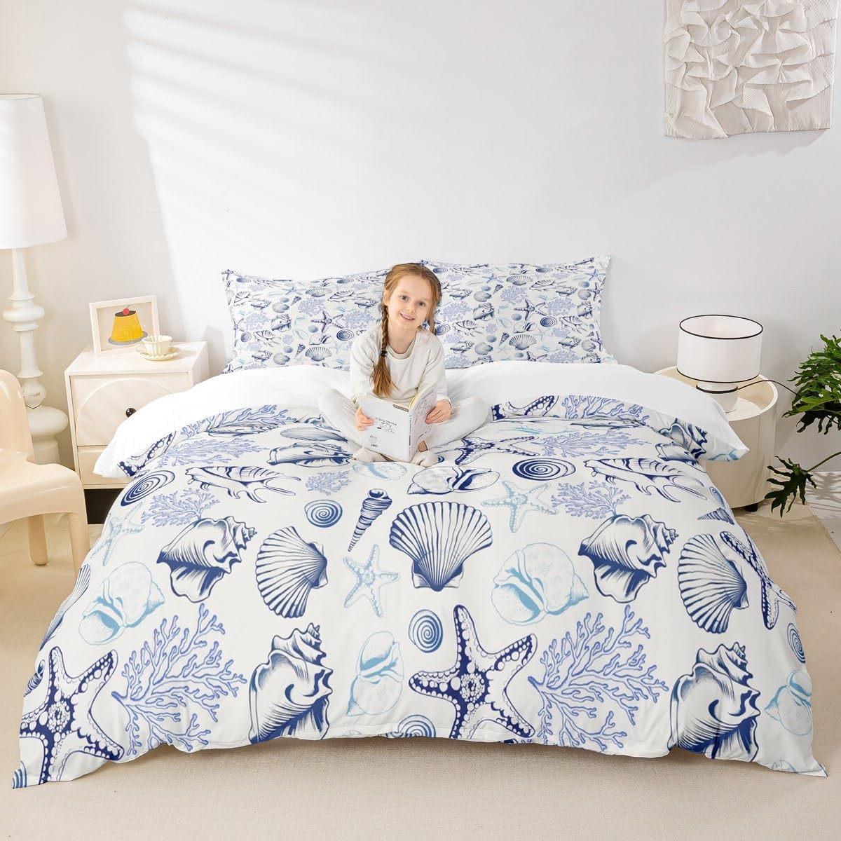 Coastal Duvet Cover Set Queen Size,Beach Seashell Starfish Coral Bedding Set 3Pcs,Sea Ocean Theme Comforter Cover for Kids Teens Adult Bedroom Decor,Navy Sketch Nautical Quilt Cover,(Not Comforter) - Image 3