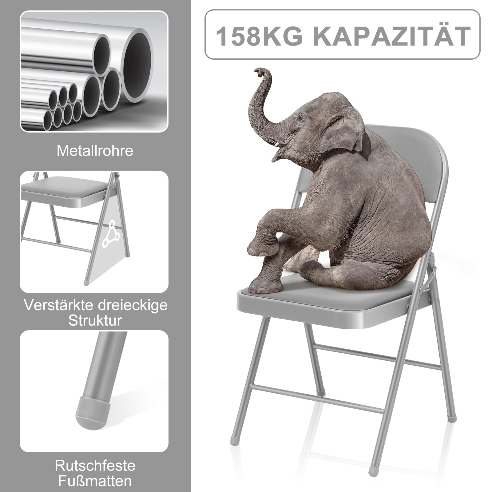 Set da 4 sedie pieghevoli da giardino, sedie da esterno interno, fino a 150 kg, impilabili, sedia pieghevole per ospiti, cucina, yoga, sala da pranzo, grigio