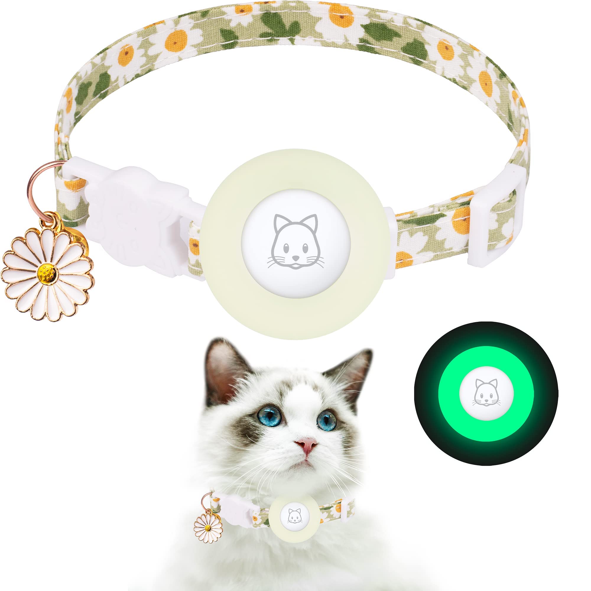 MAKINGTEC Airtag Cat Collar, Kitten Collar Breakaway with Silicone Airtag Holder, Bells & Flower Charm for Girl Cats Boy Cats Small Dogs (Luminous Green)