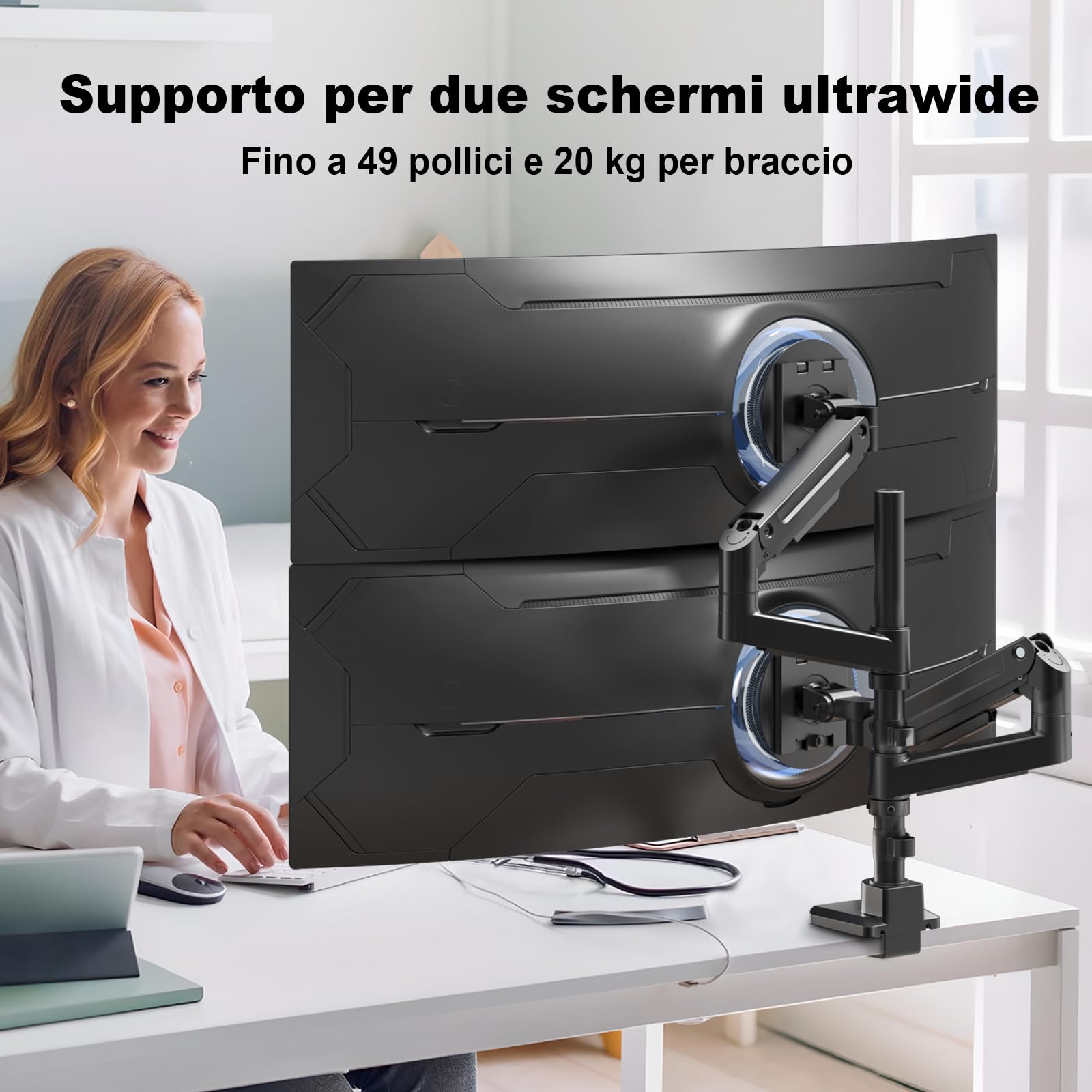 Supporto per Monitor PUTORSEN per 2 Schermi da 17 a 49 Pollici - Fino a 20 kg per braccio, supporto extra-lungo regolabile in altezza e orientabile per un'ergonomia ottimale, VESA 75/100 mm.