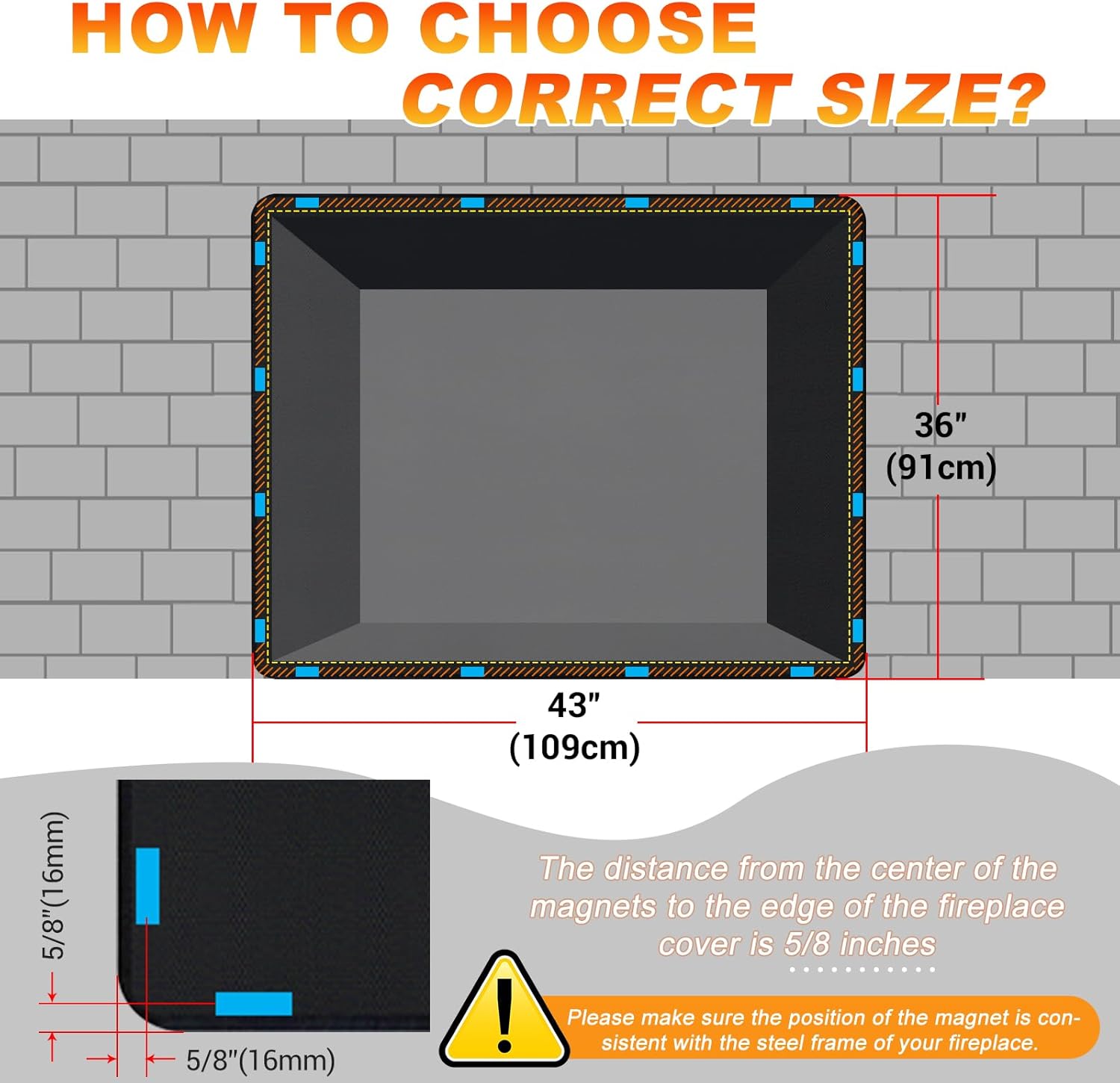 Magnetic Fireplace Cover, Draft Stopper for Brick Fireplace, Fireplace Flue Blocker with 16 Pieces Strong Magnets, Indoor Fireplace Blanket for Heat Loss, Winter and Summer, Black, 43x36 Inches 43" x 36"