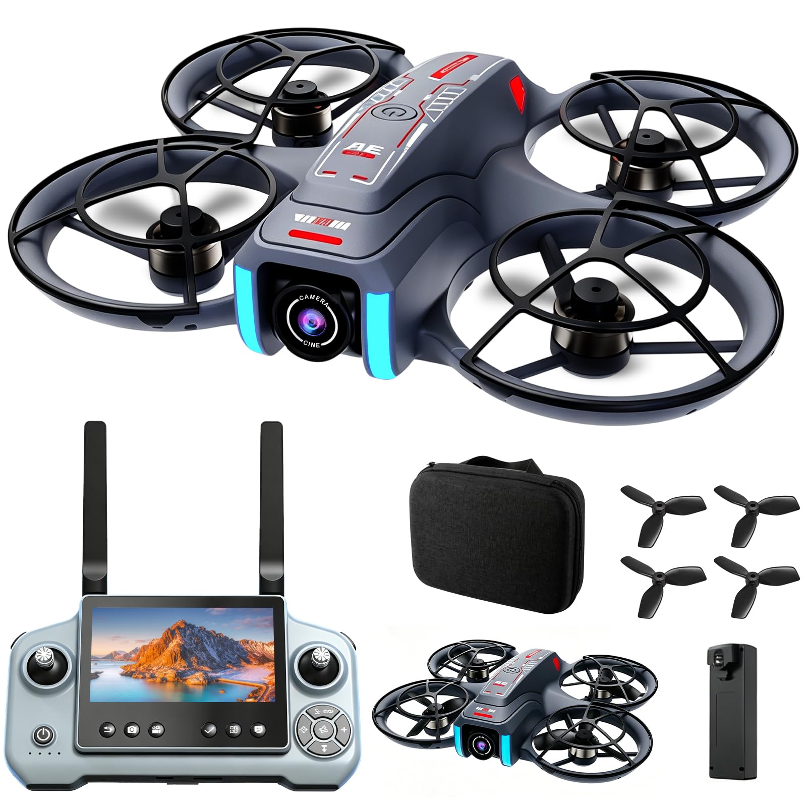 Dron con cámara, pantalla de 4.5'' de control remoto, juguete volador con cámara ajustable a 90°, con tarjeta SD, 2 baterías, adecuado para adultos y principiantes