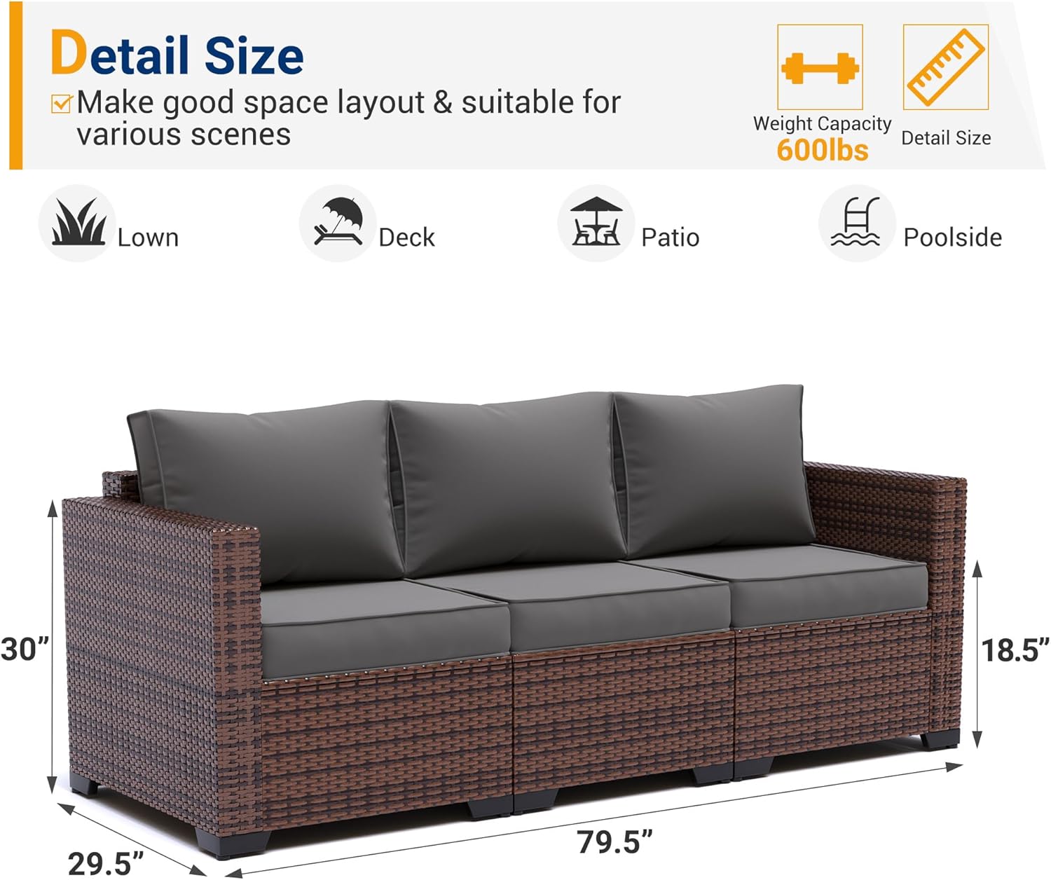 UDPATIO 3-Seat Patio Wicker Sofa, Outdoor Rattan Sectional Couch Furniture Steel Frame w/Furniture Cover Non-Slip Cushion and Deep Seating High Back, Grey