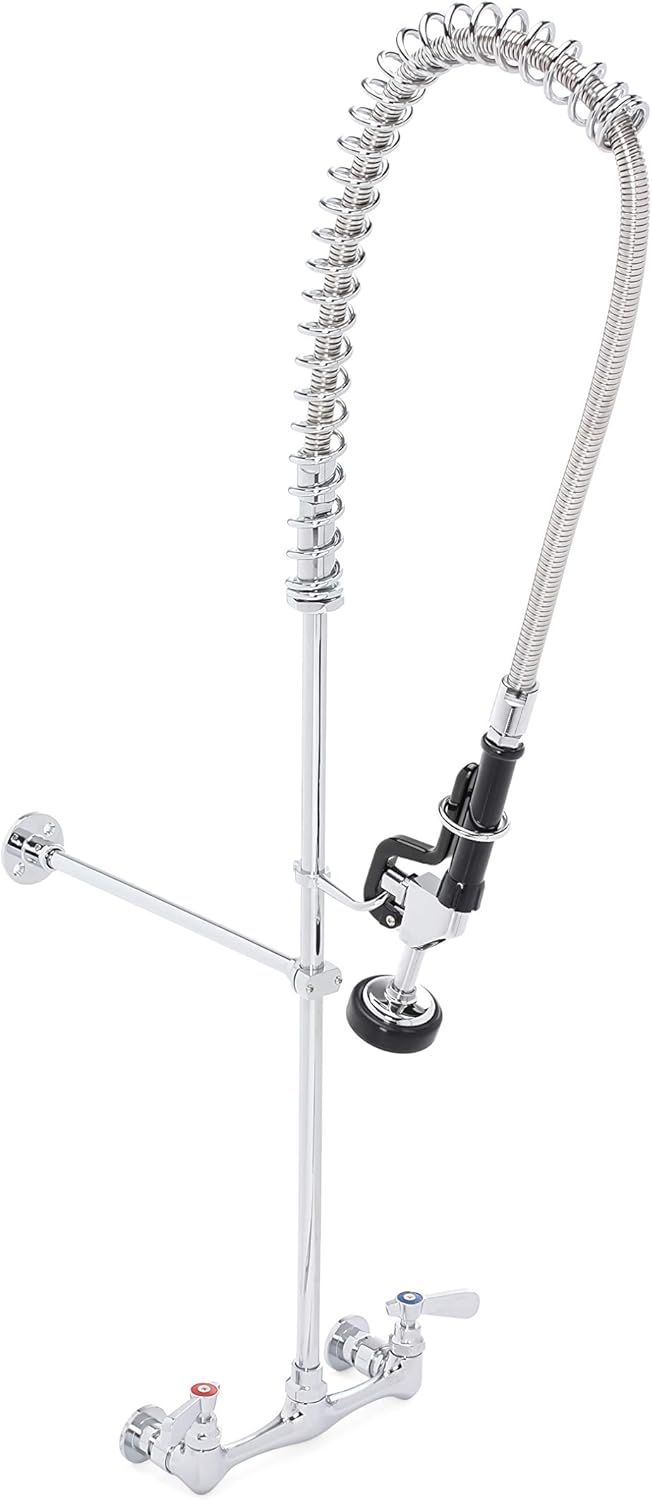 DuraSteel Commercial Kitchen Sink Pre-Rinse Faucet - 38'' Height 8'' Center No-Lead Wall Mount Industrial Faucet w/ Pull Down Pre-Rinse Sprayer - NSF Certified - Shower Head Compartment Sink Dish Wash