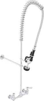 DuraSteel Commercial Kitchen Sink Pre-Rinse Faucet - 38 Height 8 Center No-Lead Wall Mount Industrial Faucet w/ Pull Down Pre-Rinse Sprayer - NSF Certified - Shower Head Compartment Sink Dish Wash