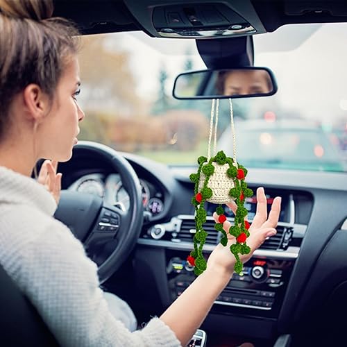 Miniatura 6 de Kunyeah Planta colgante de ganchillo para automóvil, lindas plantas en maceta, decoración de ganchillo, accesorios colgantes para espejo de