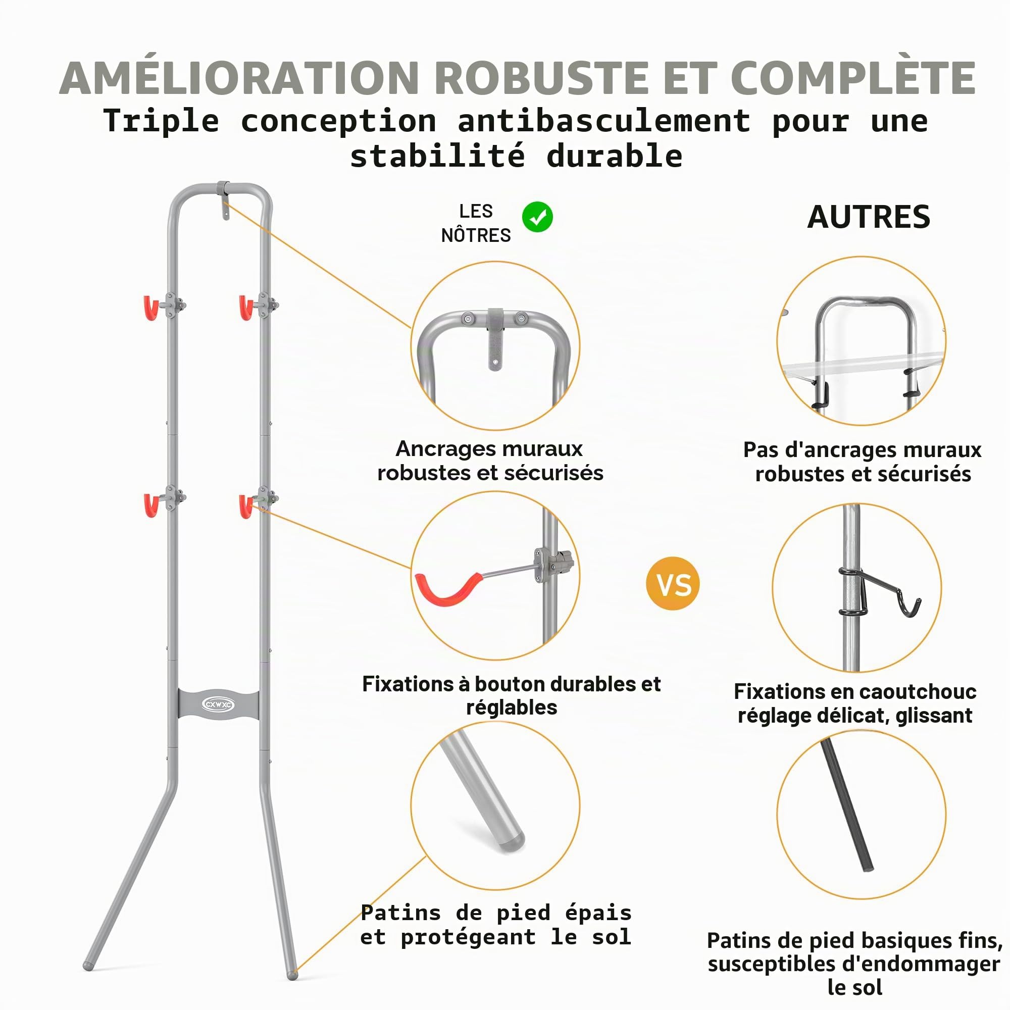 CXWXC Support Mural Vertical pour 2 Vélos, Rangement Vélo Gain de Place jusqu'à 54 kg, Porte-Vélo Réglable pour Garage & Appartement, VTT & Vélo de Route