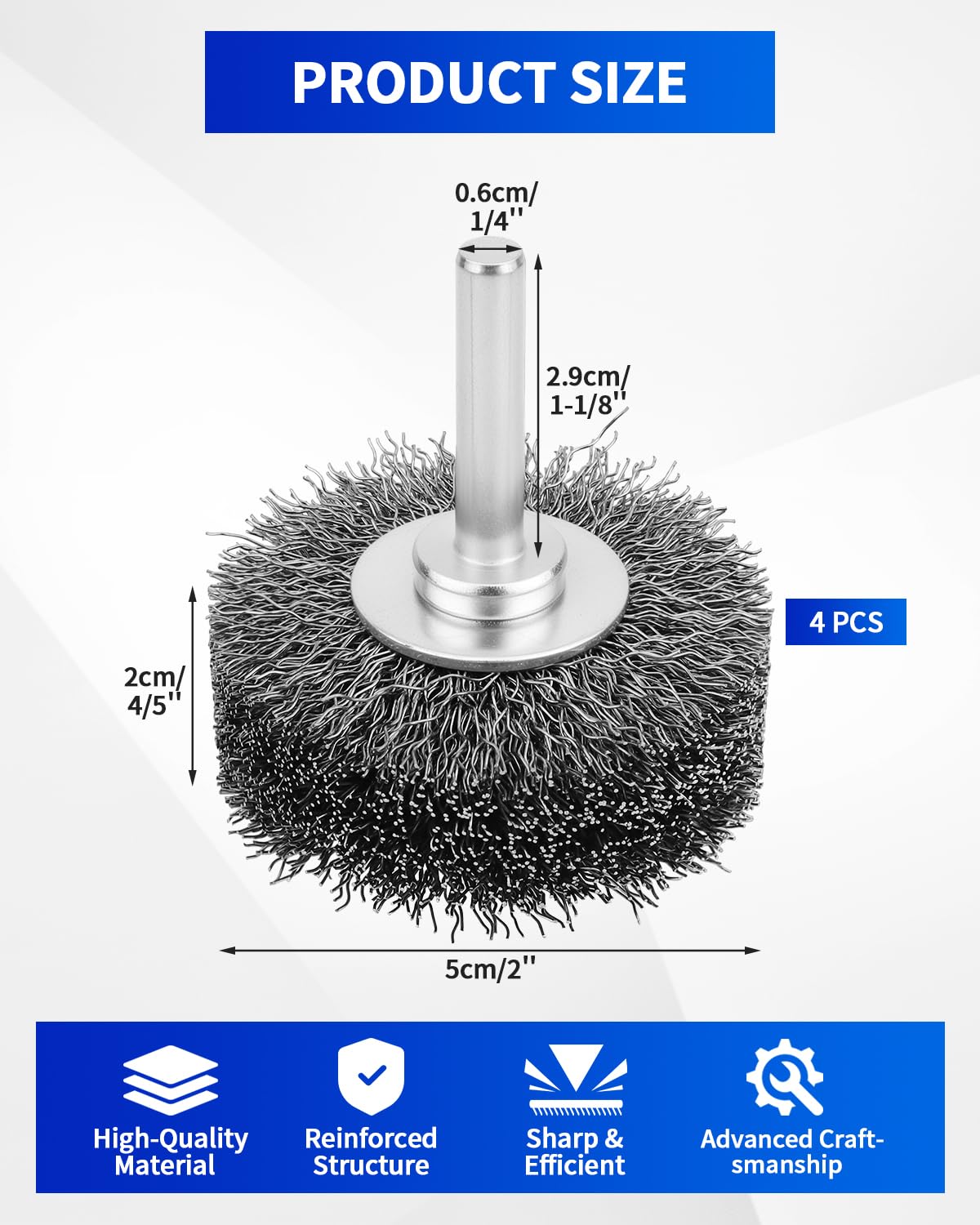 4 Pack 2 Inch Wire Wheel Brush for Drill - Heavy Duty Carbon Steel Wire Brush for Rust, Paint & Corrosion Removal, 0.012" Coarse Crimped Stainless Steel Wire, 1/4in Shank, 20000RPM
