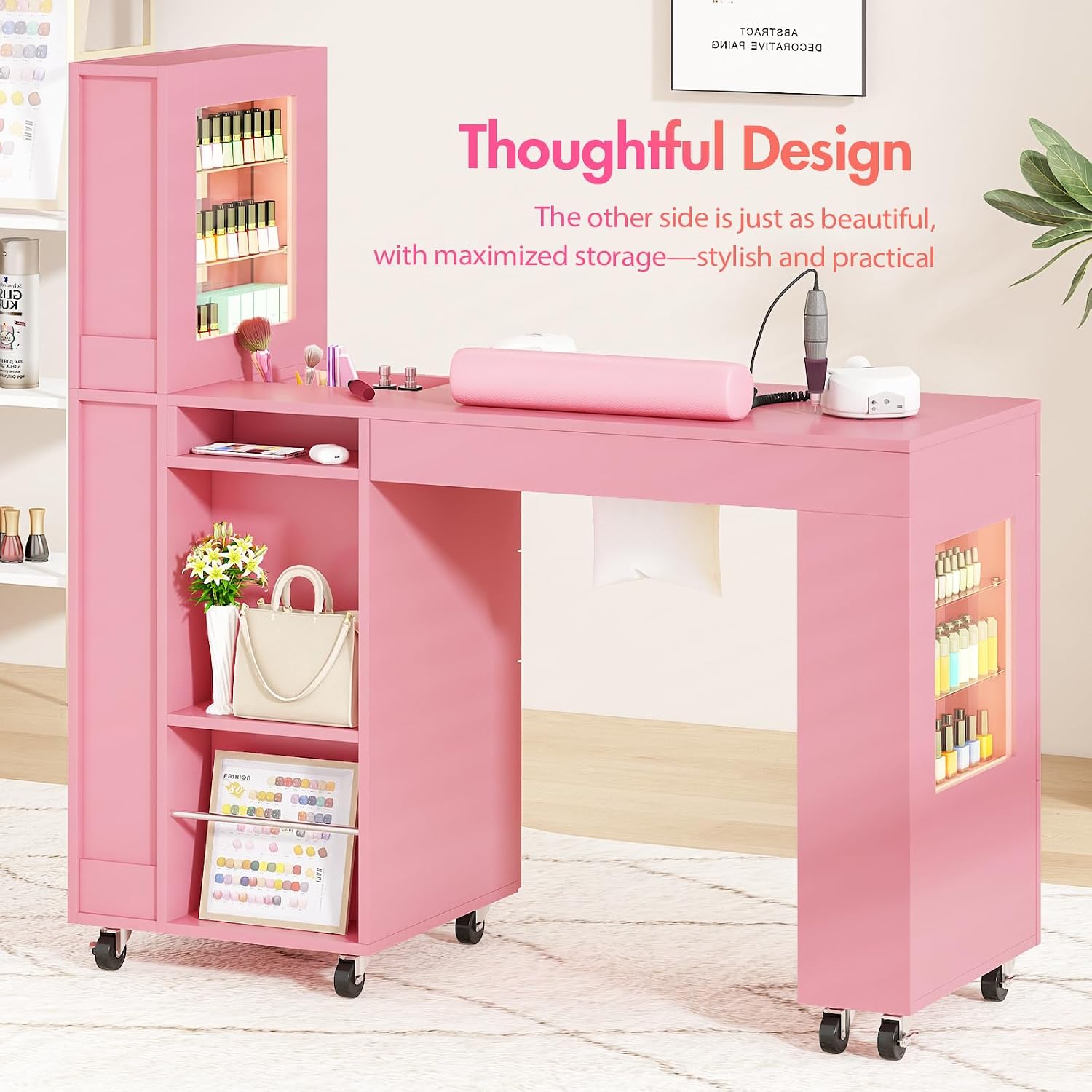 Manicure Table for Nail Tech w/ LED Light Display Cabinet, Nail Desk with Lockable Wheels, Dust Collector, Drawers, Wrist Rest, Acetone-Resistant, for Beauty Salon, Spa & Home Workstation (Pink)