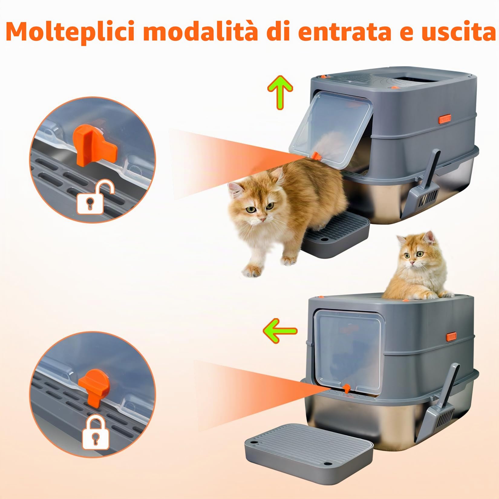 BingoPaw Acciaio Inox Lettiera per Gatti Chiusa Antiodore, Facile da Pulire | XXL Toilette per Gatti Aperto 3 in 1 per gatti di peso inferiore a 10 kg, con Paletta, Antiaderente