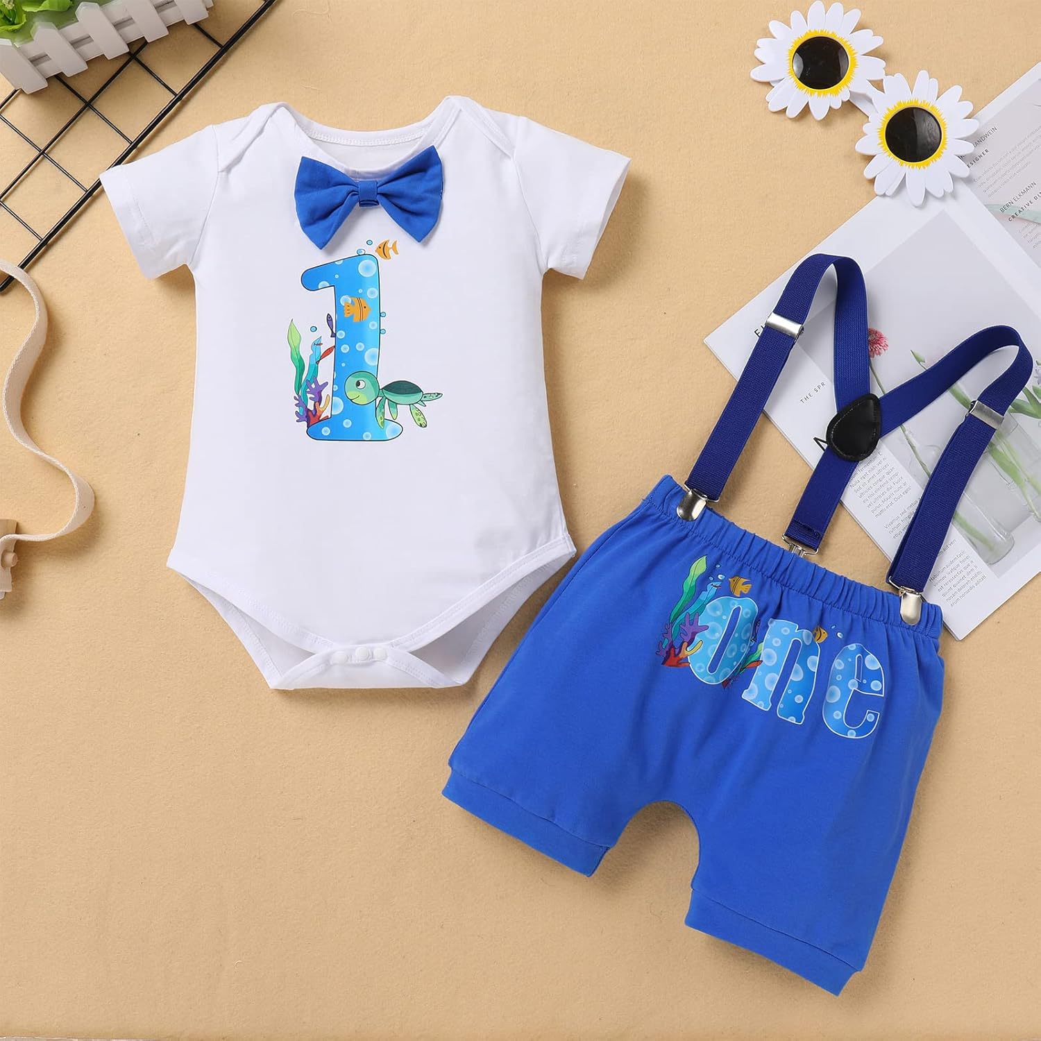 ODASDO Baby Boy Ocean/Excavator/Basketball Theme 1st Birthday Smash Cake Outfit Bow Tie Romper Shorts Suspenders Set - Image 3