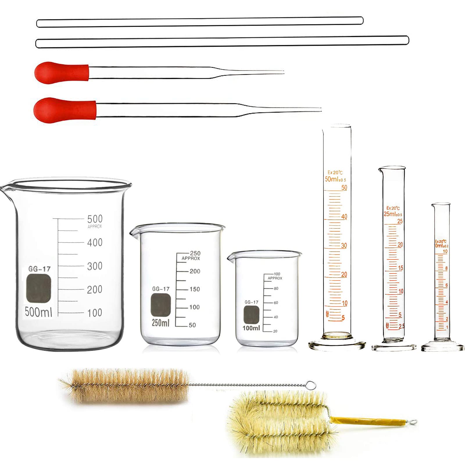 Juego de vasos de precipitados de cilindros de vidrio, 3 cilindros de medición graduados (10 ml, 25 ml, 50 ml) 3 vasos de laboratorio con escala (100 ml, 250 ml, 500 ml) + 2 cepillos de limpieza + 2