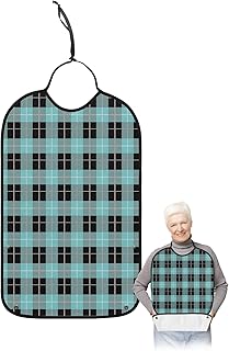 QueenKer Funny Adult Bibs for Eating, Aqua Green Black Lattice Waterproof Clothing Protector Washable Adult Bib with Crumb Catcher for Men Women Elderl and Seniors