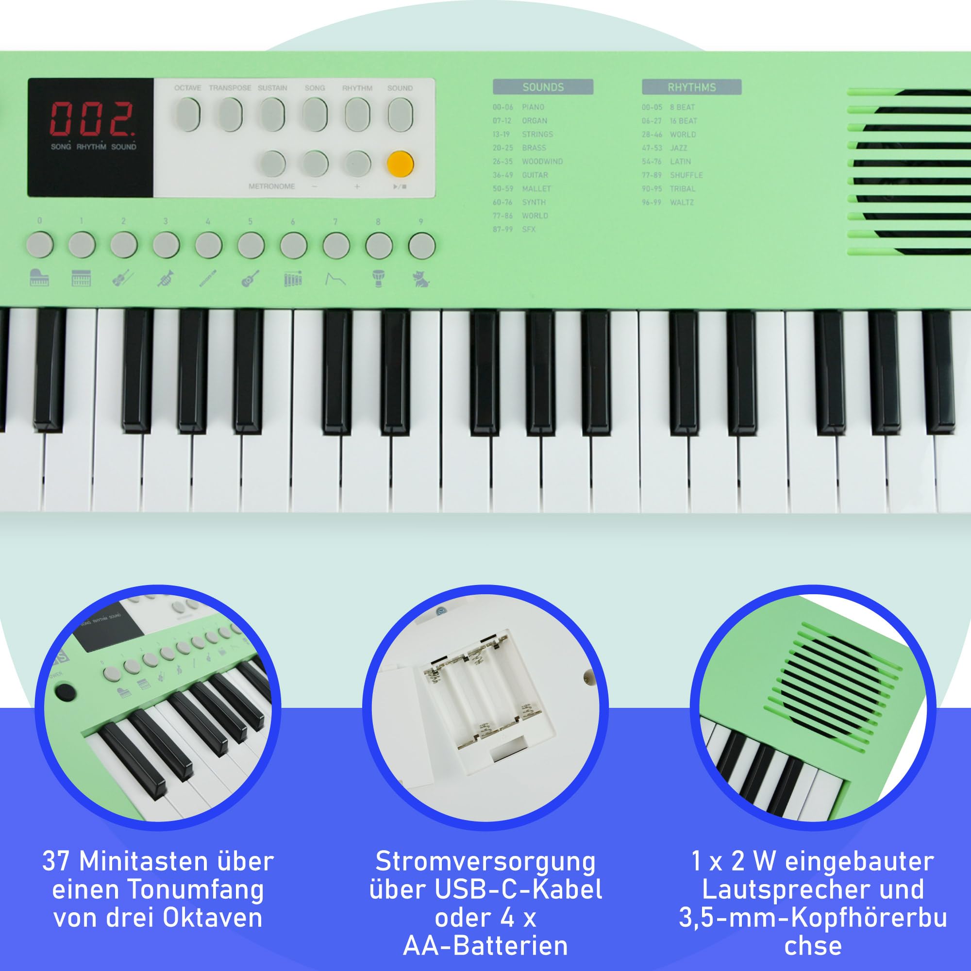 Axus Tragbares 37 Mini Portable Keyboard In Mintgrün – Lustiges E-Piano Für Anfänger, Usb-C Oder Batteriebetrieb