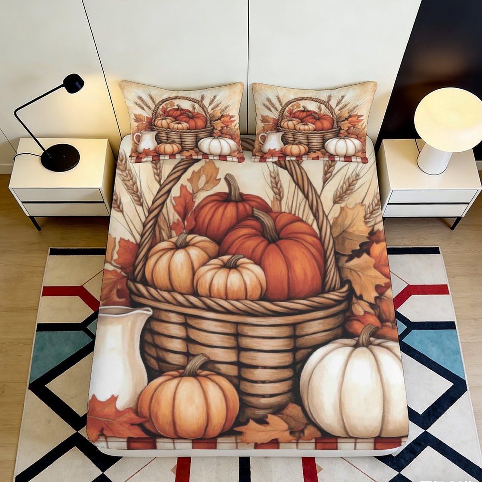 3D Printed Autumn Pumpkin Basket Fitted Sheet Microfiber Soft Breathable Maple Leaves Bed Cover for Bedroom Dorm Decor 90x200x25cm