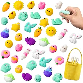 Easter Party Favors for Kids - 41pcs Easter Animal Mochi Squishies Toys with Cute Bunny Easter Basket for Toddler Easter Gifts, Easter Basket Stuffer Supplies