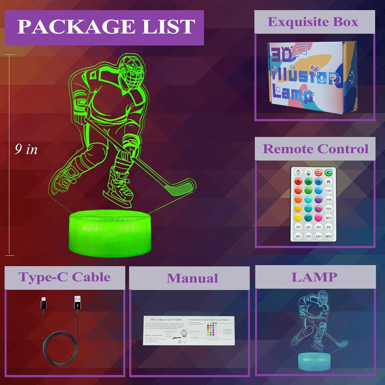 Hockey Night Light, Ice Hockey Gifts, Hockey 3D Lamp with Remote Control, 16 Colors Changing, RGB Flashing Mode, Timer and Dimmable for Birthday Xmas Cool Figurines Gifts for Room Decor Boys Girls - Image 8