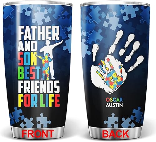 Personalized Father and Son Best Friends Tumbler - Autism Awareness Stainless Steel Tumbler with Insulated 20oz 30oz with Lid, Custom Name Cup for