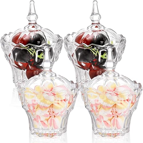 Miniatura 3 de DEAYOU Paquete de 4 tarros decorativos para dulces, plato de cristal para dulces con tapa, tarro de cristal de diamante, tarro pequeño cubierto para