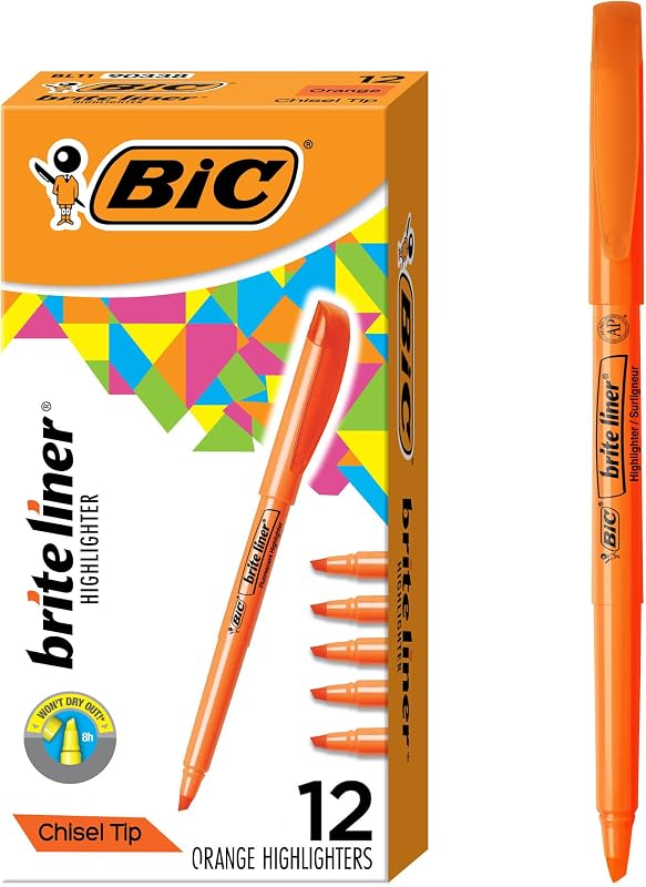 BIC Brite Liner Highlighters, Chisel Tip, 12-Count Pack of Orange Highlighters, Ideal Highlighter Set for Organizing and Coloring | Ideal for Organizing and Coloring | Translucent Ink Emphasizes Text | Long-Lasting Formula, ACMI Certified