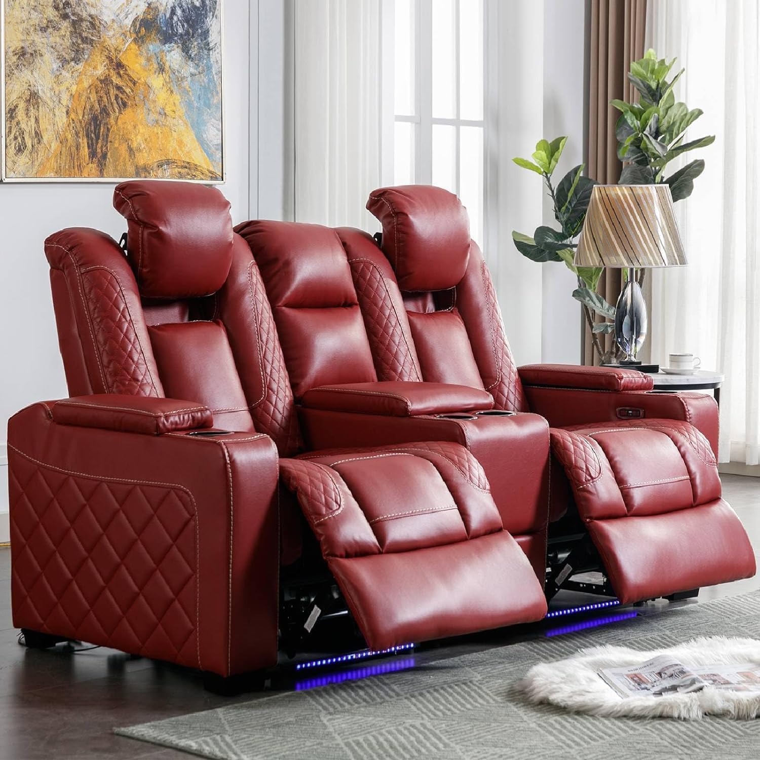 CANMOV Home Theater Seating, Faux Leather Power Electric Recliner Loveseat Chair with Ambient Lighting, Adjustable Headrest, Center Storage Console, Hidden Arm Storage, Cup Holders, USB Ports, Red