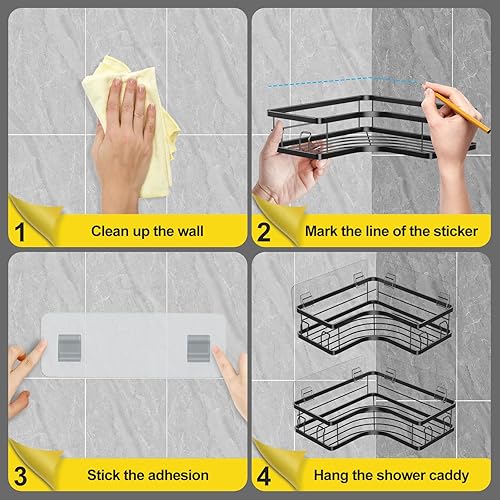 Miniatura 6 de Organizador de ducha de esquina, paquete de 2 organizadores adhesivos de ducha de baño, estante de ducha negro sin perforaciones para ducha