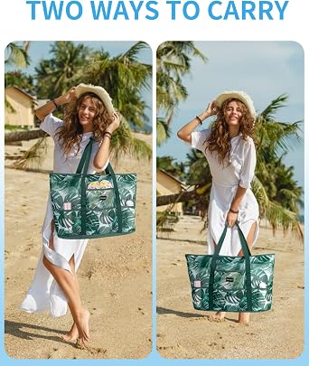 KABAQOO Large Beach Bag with Zip Mesh Beach Bags for Women Men Family | With Pockets, Sandproof Bottom, Foldable, Lightweight, Travel Tote for Summer Holiday Pool Grocery Shopping