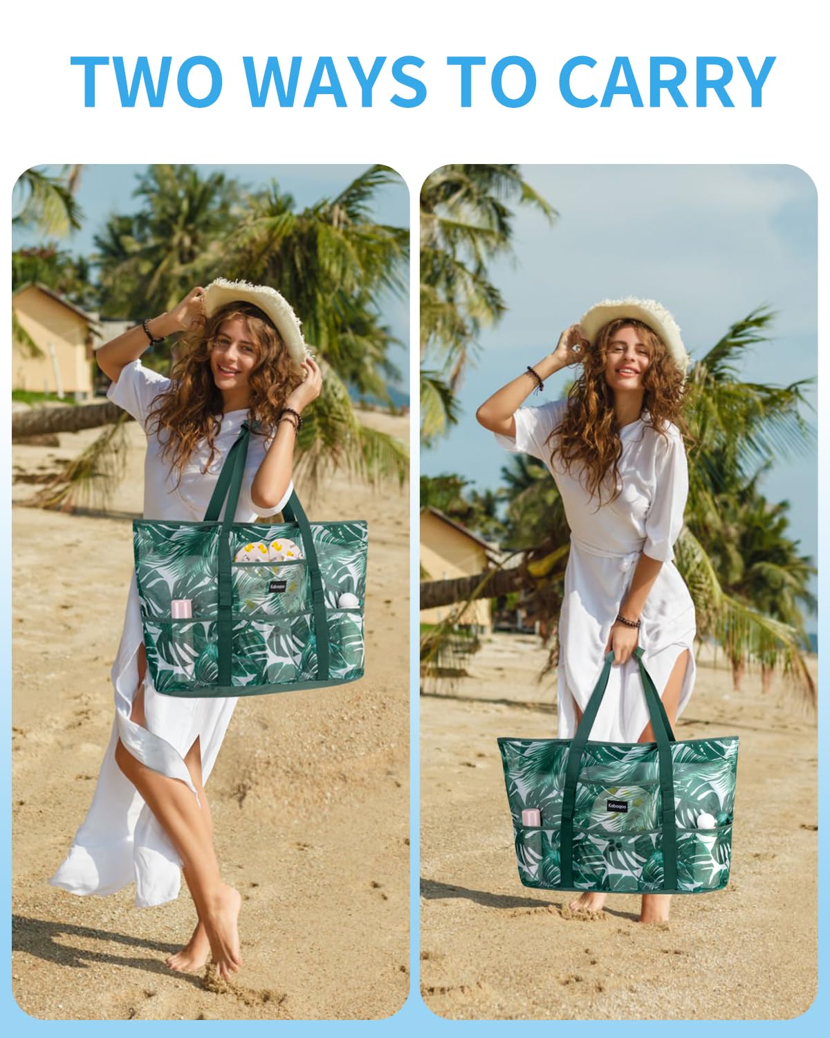 KABAQOO Sac de Plage XXL avec Fermeture Éclair Sac Piscine Filet Femme Famille Sac Cabas avec Multipoches pour Voyage Shopping