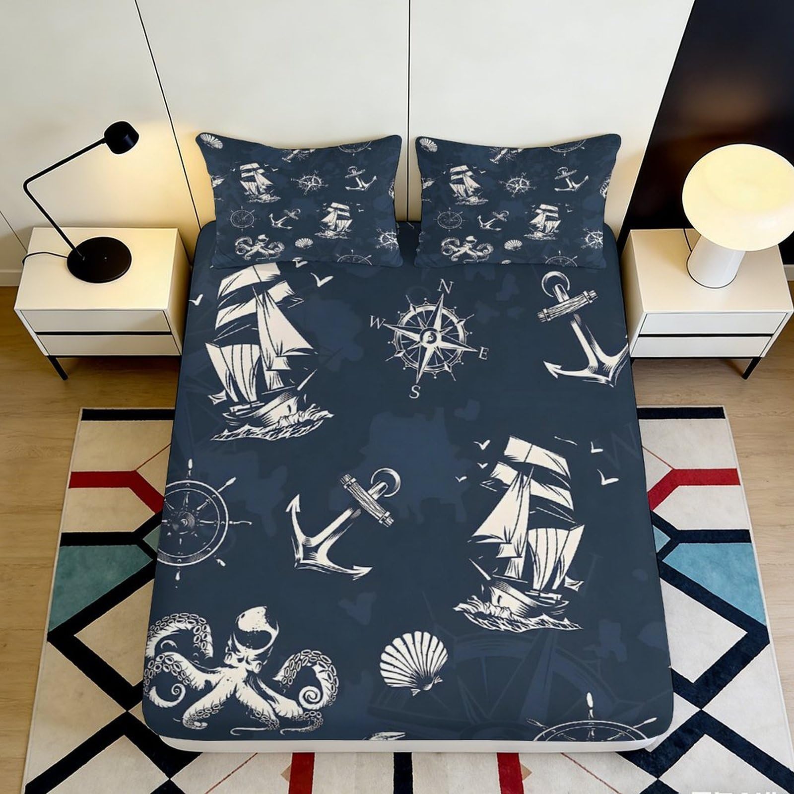 3D Printed Nautical Sailboat Fitted Sheet Microfiber Dark Blue Ocean Anchor Bed Cover Bedroom Decor Mattress Protection 90x200x25cm