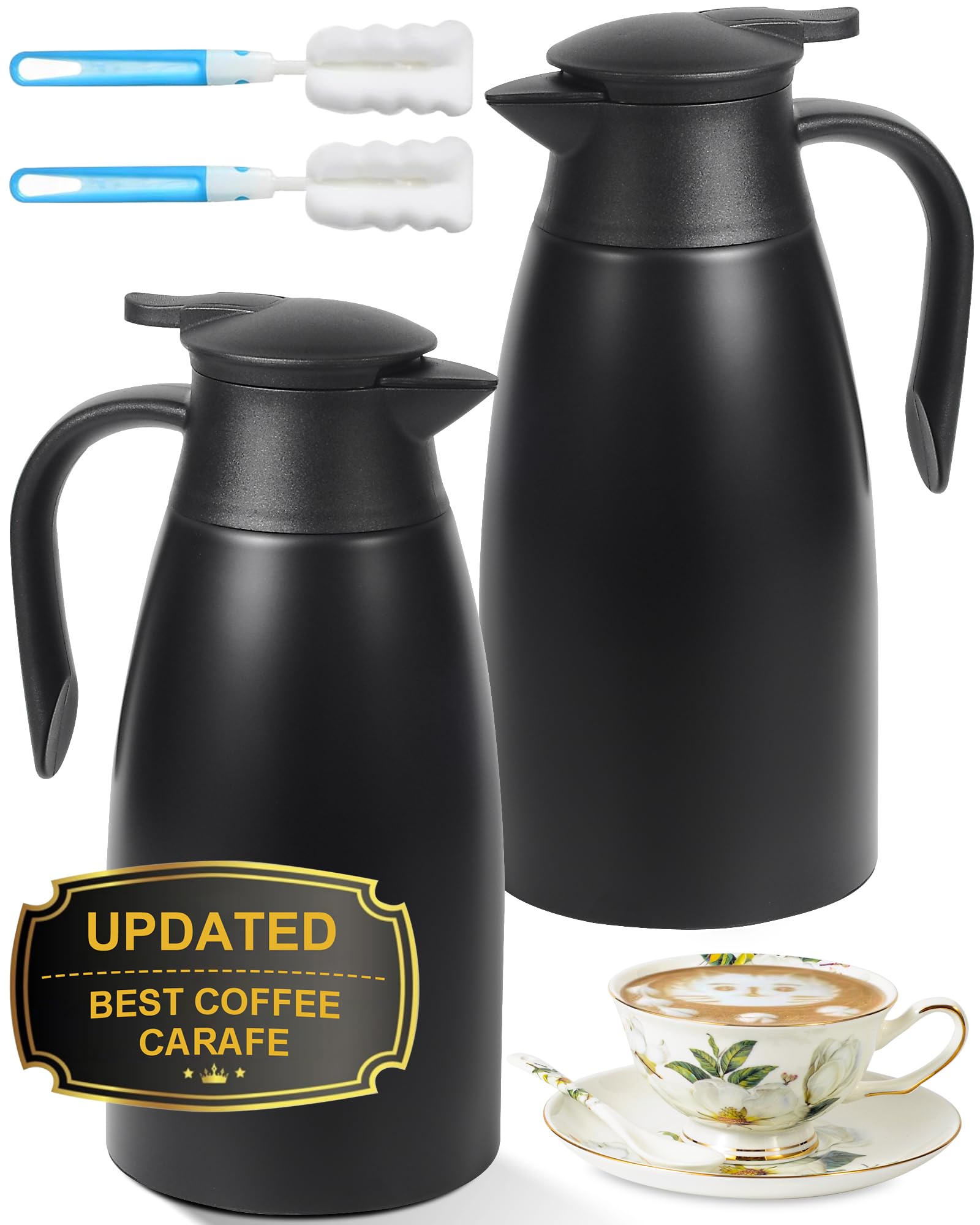 70Oz Thermal Coffee Carafe for keeping hot, 2 PCS Updated Carafe for hot liquid, Airpot Insulated Coffee Carafe Stainless Steel Thermal Pot for Coffee, Hot Water,Keep Hot 12 Hours (black+black)