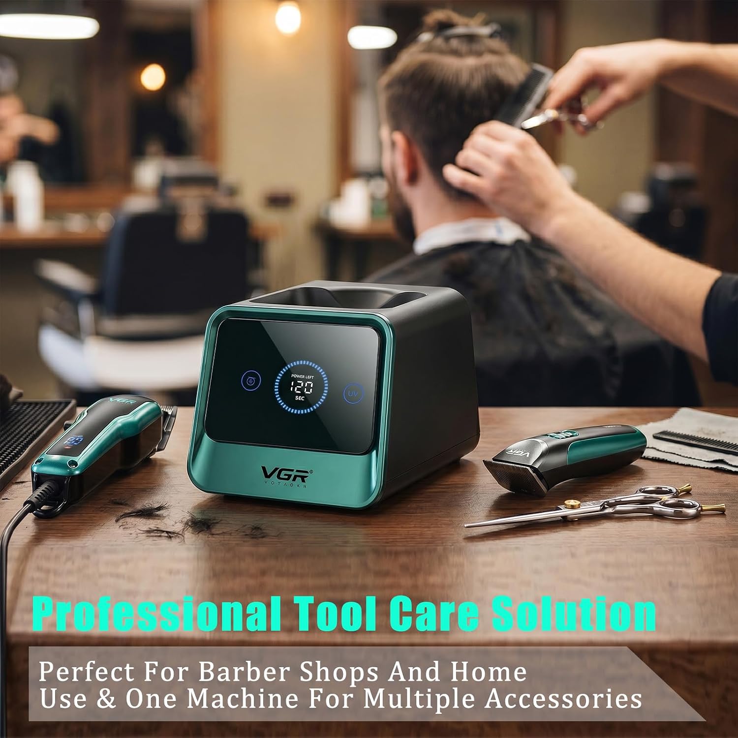VGR 841 Barber Tool Storage Box with 365nm Light and Ozone Technology, Cordless Barber Box for Clippers, Trimmers & Barber Accessories, Dual-action Microorganisms reducer with LED Display