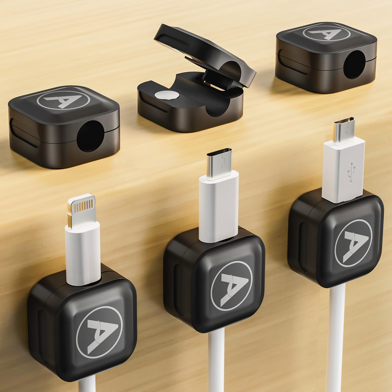 Magnetic Cable Clips, 6 Pack Magnetic Cord Organizer Cable Holder, ANIHCANO Acrylic Adhesive Wire Charger Holder for Home Office Kitchen Appliances Nightstand (Black)