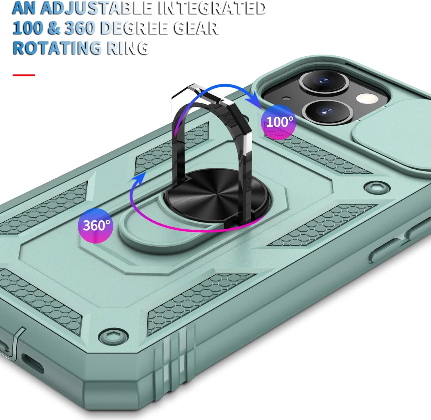 Fetrim Case for iPhone 13, Camera Cover Phone Case with Rotation Ring Stand for Apple iPhone 13 - Green - Image 7