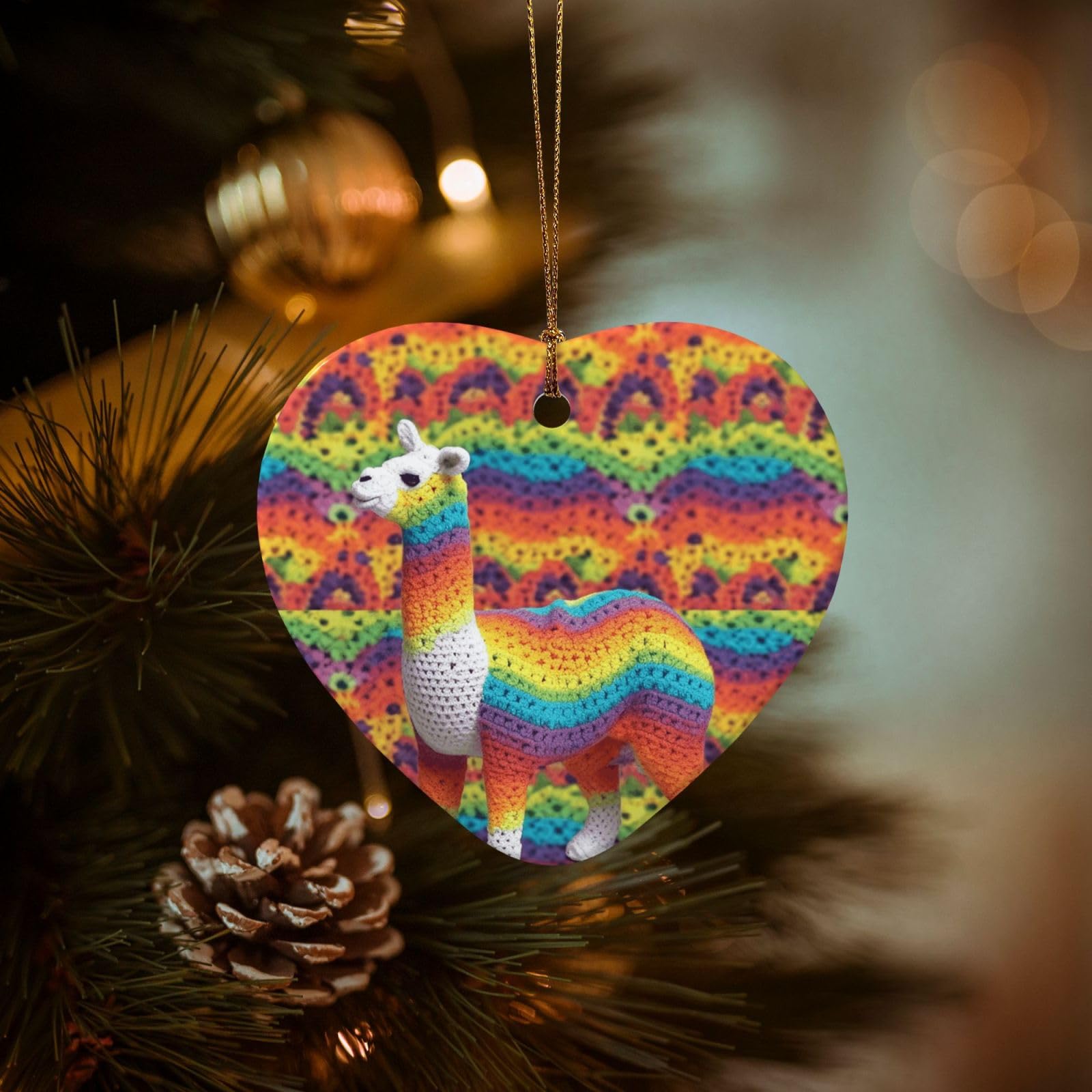 Christmas Tree Ornaments Ceramics Christmas Decorations Rainbow Camel Pattern Ornaments with Gold Ribbon Porcelain Xmas Tree Crafts Heart Shape Hanging Pendant for Christmas Tree Party Decor