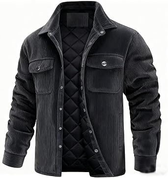 Corduroy Jacket Men Quilted Lined Winter Coats Long Sleeve Button Up Vintage Cardigan Outerwear with Flap Pockets