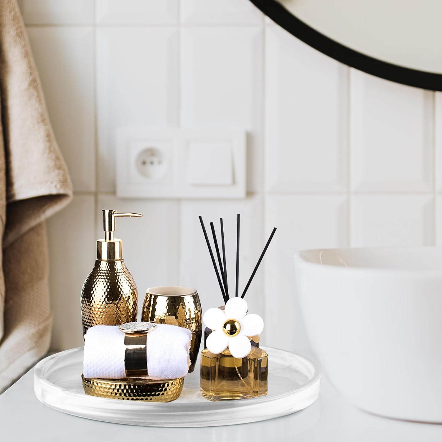 12" Large Ceramic Vanity Tray, Circle Perfume Plate Organizer, Jewelry Holder Dish, Non Slip Decorative Tray for Bathroom, Bedroom, Kitchen, Coffee Table (Marble Grey)