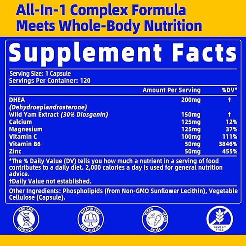 Miniatura 4 de Suplemento DHEA para mujeres y hombres 200 mg, complejo DHEA micronizado 800mg con ñame silvestre, calcio, magnesio, vitamina C, apoya la inmunidad,